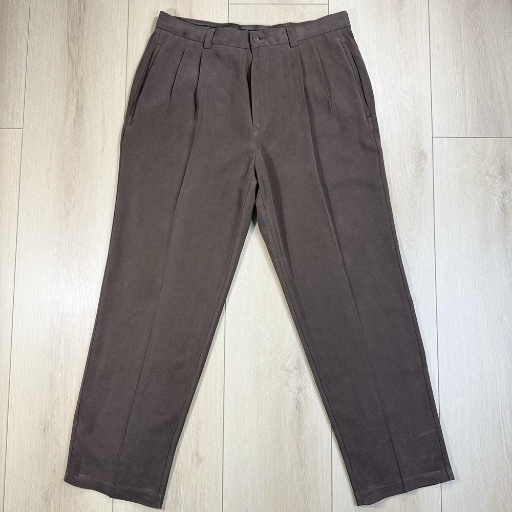 VTG Tommy Bahama 100% Silk Pleated Brown Dress Pants Men's‎ 35x30 Classic Fit